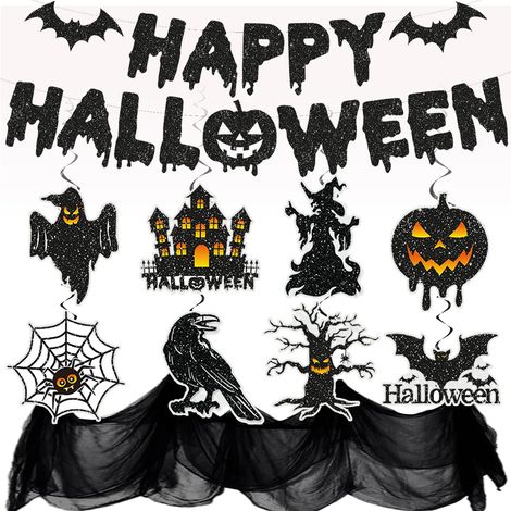 Kit de décorations d'Halloween, décoration de bureau d'Halloween, bannière Happy Halloween à paillettes, décoration au plafond, tissu d'Halloween effrayant, décorations d'Halloween réutilisables (1/5)