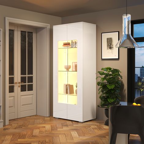Vetrina illuminata a LED per soggiorno 70x40x173 cm con 2 ante in acrilico, ripiani in vetro temperato, per camera e ufficio, colore bianco (1/4)