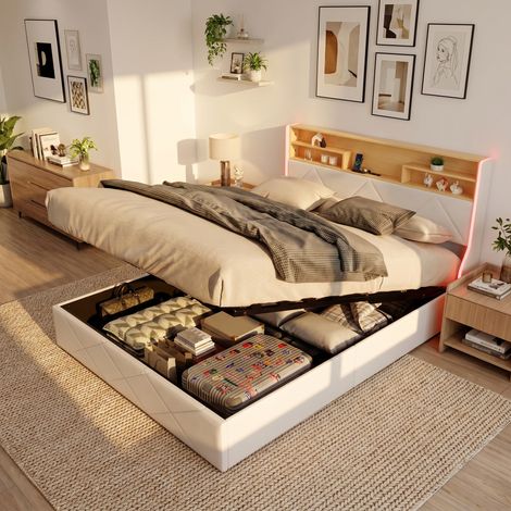 Lit coffre 160x200 cm pour chambre adulte,lit double capitonné avec tête de lit de rangement en "t",sommier à lattes,ports usb/type-c et led,pu,blanc (1/5)