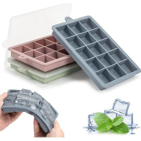 Bac à glaçons en silicone avec couvercle, lot de 3 bacs à glaçons flexibles, 15 glaçons par bac pour le congélateur, l'eau, les aliments pour bébé, le whisky, les cocktails et autres boissons, démoula (1/5)