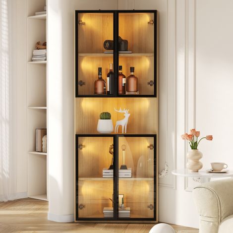 Vitrine d'angle LED 62x32x160cm bande lumineuse intégrée meuble rangement collection salle de bain cave à vin - Chêne (1/5)