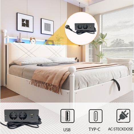 Cama doble 140x190 cm de metal blanco, con dosel, arcón elevable hidráulico, LED y USB/Type-C