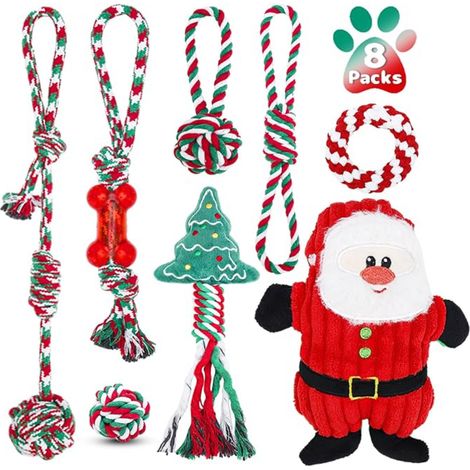 Set mit 10 Weihnachtsspielzeugen für kleine Hunde, Weihnachtsspielzeuge für Welpen, Hundekauspielzeuge mit Seil, interaktives Spielzeug und Quietschspielzeuge für kleine und mittelgroße Hunde (1/5)
