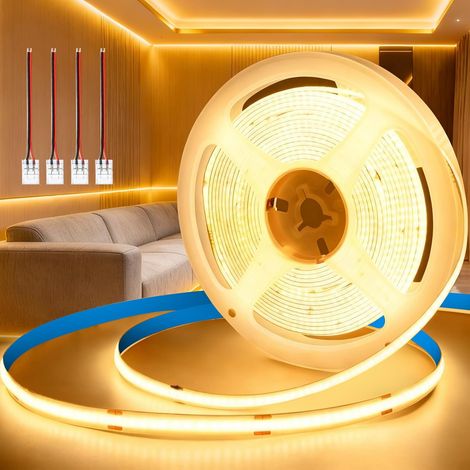Ruban LED COB 24V, Bande LED 10M avec 2Pin Connecteur, Blanc Chaud 3000K Lumineuse Découpable Bandeau Largeur 8mm Flexible Ruban Eclairage Intérieur pour Chambre, Cuisine, Sans Alimentation (1/5)