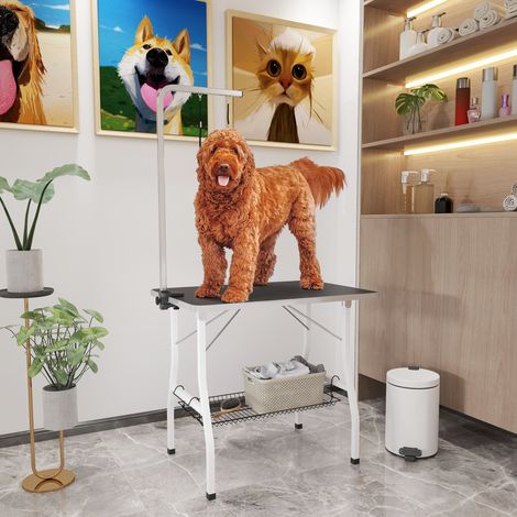 Table de toilettage pliante noire pour chien 90x60x76 cm avec tapis antidérapant en caoutchouc et 2 sangles de retenue
