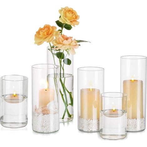 Photophore Bougeoirs Verre Vase Cylindrique: Set de 6 Porte Bougie pour Centre de Table Noel Mariage, Supports pour Bougies Piliers Transparent Vase en Verre Bougie Flottante (1/5)
