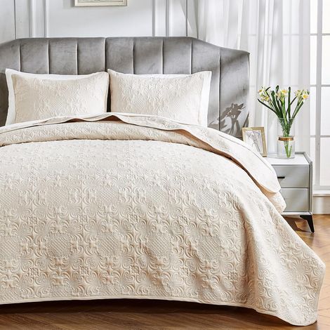 Couvre Lit 2 Personnes Dessus de Lit et Boutis matelassé Ultrasonique en Microfibre Brossée Douce et Légère, Élégant Couvre Lit Beige à Motif Floral (Beige, 240x260cm) (1/5)