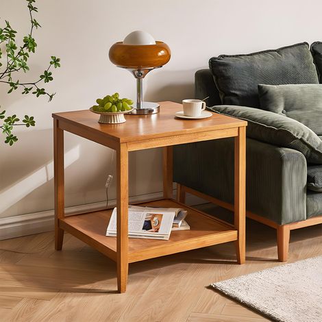 Table d'appoint carrée en bois massif avec étagère de rangement, table basse à 2 niveaux pour salon, petite table de canapé, table de chevet en bois d'hévéa, 60 x 60 x 60 cm (naturel) (1/5)