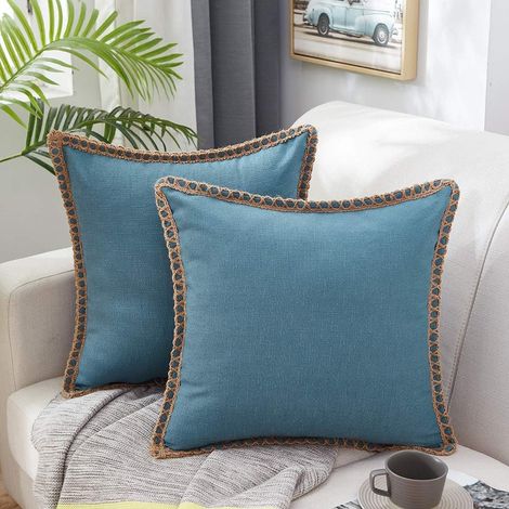 Filiyano – oreiller unies – Lot de 2 housses de coussin carrées décoratives en jute et lin, taies d'oreiller unies, décorations pour canapé, fauteuil (1/5)