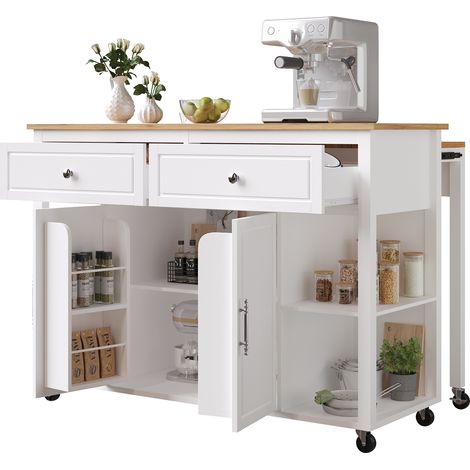 Îlot de cuisine haut de gamme sur roulettes, chariot de service multifonction avec veinage bois et grand espace de rangement, 2 tiroirs et freins, desserte de cuisine pour salle à manger, salon, cuisi