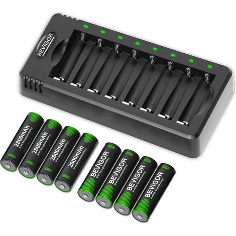 8 Piles AA NiMH Rechargeables avec Chargeur 8 Slots, Charge Rapide (1/5)