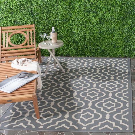 Tapis Géométrique pour Imperméable à l'eau Intérieur et extérieur Courtyard Collection, Tapis à Poil Court, Anthracite et Beige, 201 X 290 cm (1/4)