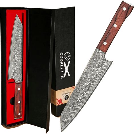 Cuchillo de cocina, acero de Damasco, núcleo VG10, hoja de 20 cm, mango ergonómico de madera, certificado LFGB. (1/5)