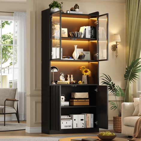 Meuble vitrine 80x35x200 cm en bois noir, avec rangement, pour salon moderne FloraGrace (1/5)