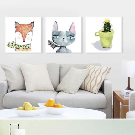 Affiche murale sur toile « Renard et Chat », dessin aquarelle simple et mignon, décoration pour salon, chambre, bureau et chambre d'enfant (lot de 3). (1/5)