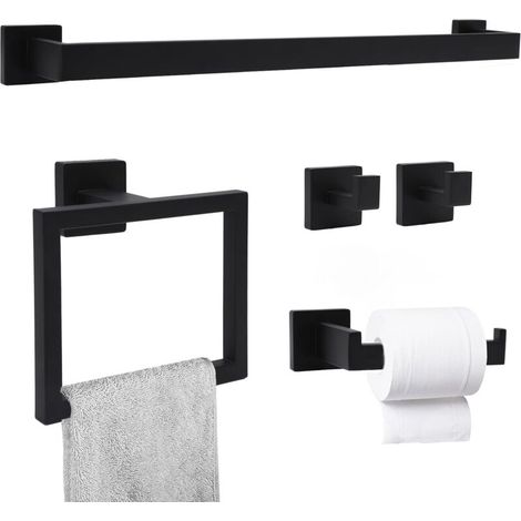 Porte Serviette Set de 5 Pièces, Accessoire Salle de Bain Métal Perçage, Murale Inclus Porte-Serviettes,Porte Papier Toilette,Crochet Porte-Serviettes et Crochet, Noir