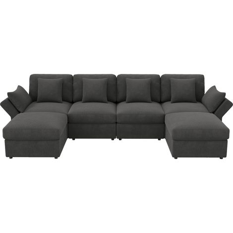 Sofá modular de esquina en U de pana gris con reposabrazos ajustables y puf (1/5)