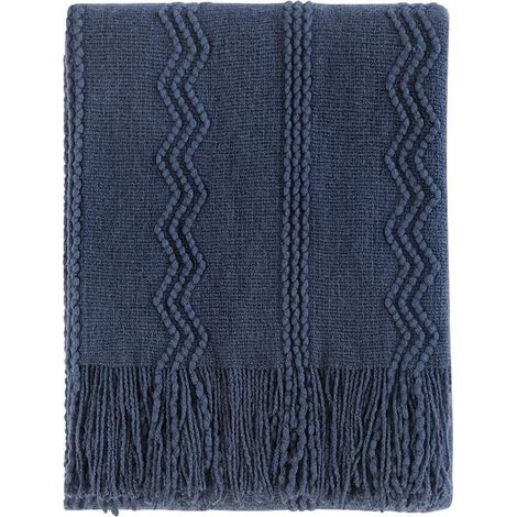 Couverture en laine tricotée en losanges, couverture de canapé solide et douce, couverture décorative en tricot, bleu marine, 127 x 172 cm (1/5)