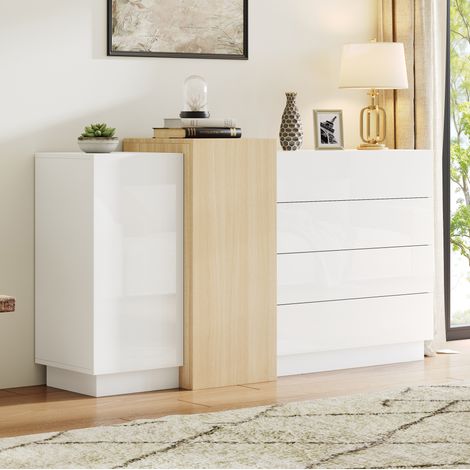 Buffet blanc brillant avec 4 tiroirs profonds et étagères réglables, 150x38x87 cm (1/5)