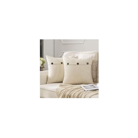 Lot de 2 Housses de Coussin en Lin avec Boutons Décoratifs, 45x45cm, Blanc Crème, Style Élégant pour Canapé et Salon (1/4)