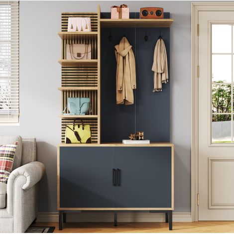 Mueble de recibidor con perchero, estantes y ganchos, madera y negro OKMYHOME (1/5)