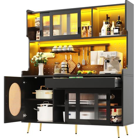 ELVMI Credenza da Cucina con 5 Ante, LED e Pannello Forato, per Cucina in MDF, 145 x 39 x 171 cm, Nero (1/5)