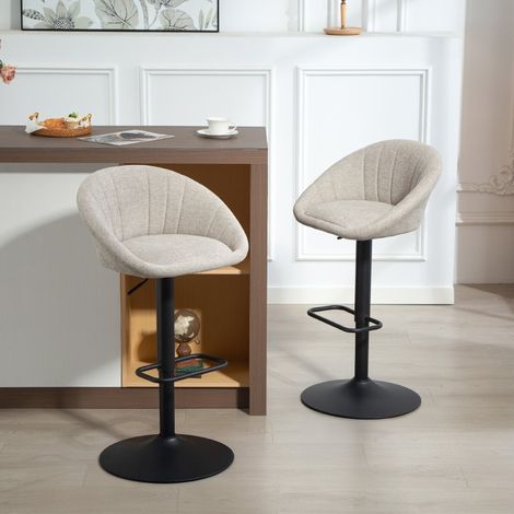 Juego de 2 taburetes de bar giratorios, regulables en altura, con respaldo y reposabrazos, tejido beige (1/5)