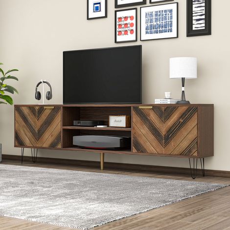 Meuble TV 155 cm Bois Noyer Foncé avec Motifs Chevron, 2 Portes, 2 Niches, Pieds Épingles Métal Noir, Poignées Dorées, Console TV pour Salon Style Industriel Vintage (1/5)