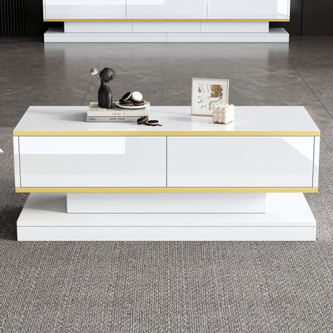 Mesa de centro 100 x 50 x 38 cm con 2 cajones, blanco cálido brillante y borde dorado DESVIAE (1/5)