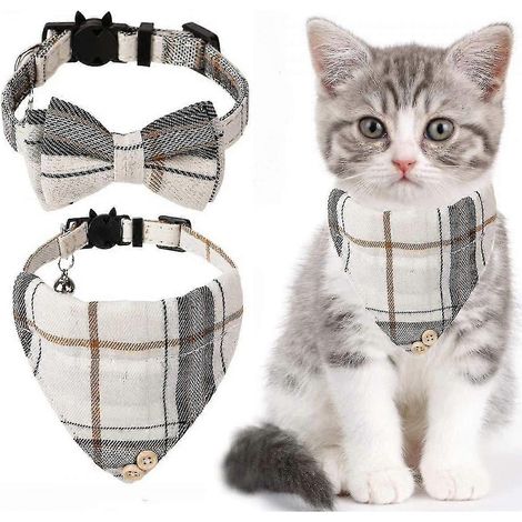 Collier pour chat avec nœud papillon et bandana - Lot de 2 colliers classiques à carreaux vichy avec foulard et nœud papillon - Taille ajustable avec clochette (1/5)