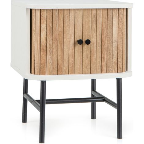 Comodino con ante scorrevoli scomparto chiuso gambe metalliche Tavolino mid-centuryo Bianco (1/4)