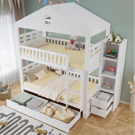 Litera 90/200 cm blanca con forma de casita, 2 cajones y almacenaje lateral (1/5)