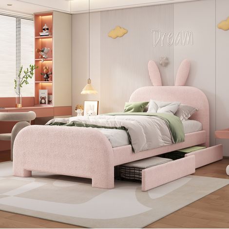 Letto imbottito per bambini 90x200 cm, con 2 cassetti, in peluche e MDF, rosa, per cameretta, senza materasso (1/5)
