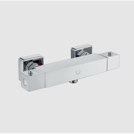 Thermostat-Brausebatterie Chrom, quadratische Duscharmatur mit Thermostat mit Sicherheitsknopf 38 °C, Thermostat-Badewannen-Brausebatterie aus Messing für Badezimmer – Chrom