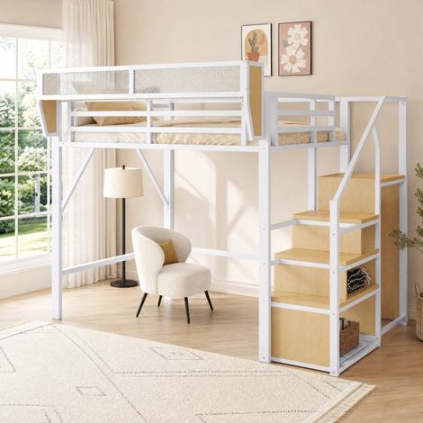 Cama alta infantil 140x200 cm con escalera segura, blanca, metal, FloraGrace (1/5)