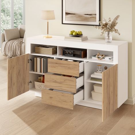 Buffet bahut 140x40x85 cm, Meuble de rangement commode pour salon cuisine entrée, en bois avec 3 tiroirs et 2 portes, Blanc et Naturel (1/5)