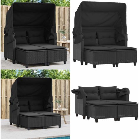 Canapé de jardin 2 places avec auvent et tabourets noir rotin - Canapé De Jardin - Salon De Jardin - Mobilier De Jardin - Résine Tressée - Rotin Artificiel - Home & Living (1/5)