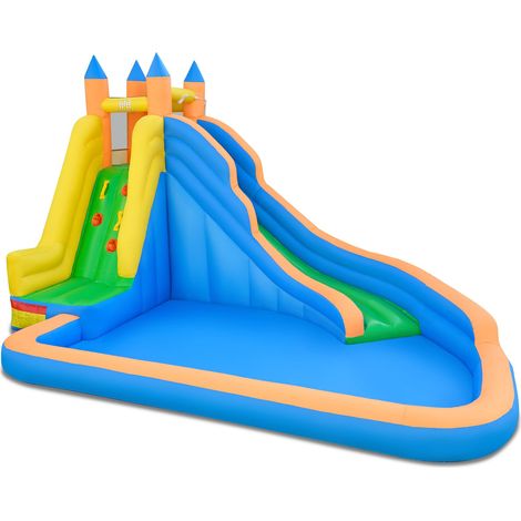 COSTWAY Castello Gonfiabile per Bambini, 3 in 1 Giochi Gonfiabili con Scivolo, Piscina e Parete di Arrampicata, Parco Acquatico da Esterno per Giardino e Prato, per Bmbini 3-12 Anni (1/5)