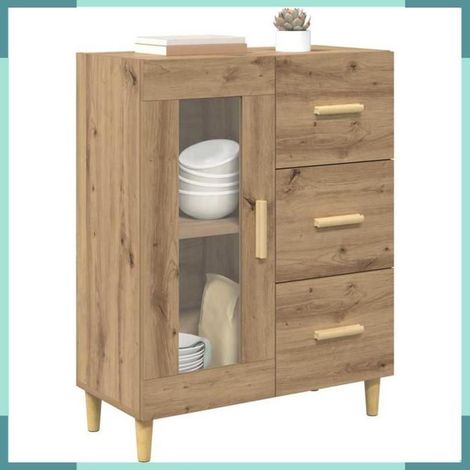 Buffet - 69,5 x 34 x 90 cm - Bois d'ingénierie - Chêne artisanal - 1 tiroir, 1 porte en verre (1/5)