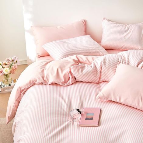 Housse de Couette 200x200 Rayures Rose Blanc Filles Parure de lit (1/5)