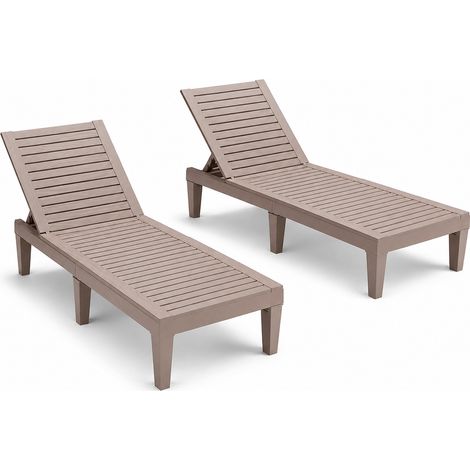 Set 2 Lettini Prendisole Con Schienale Regolabile 5 Posizioni In Polipropilene Effetto Legno Sdraio Per Piscina Giardino Terrazza Spa Design Moderno 190 x 57.5 x 29 Cm Marrone