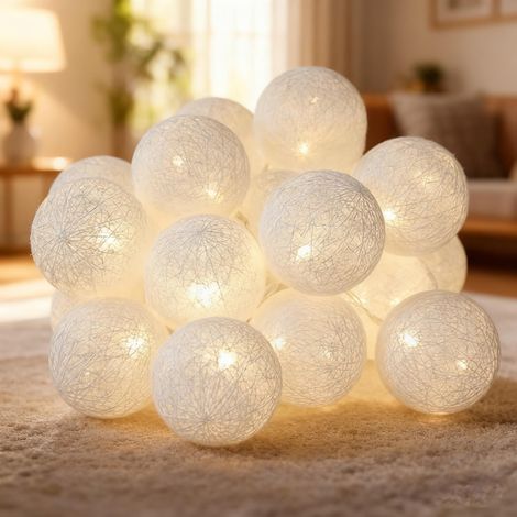 Guirlande lumineuse LED en coton - 3 m - 20 LED - Boules de 6 cm - Pour chambre d'enfant, mariage, Noël, fête (1/5)