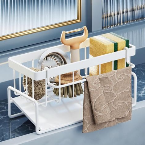 Étagère murale de rangement de cuisine avec tablette intégrée sous l'évier pour ranger les condiments, blanche (1/5)