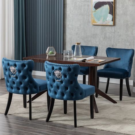 Wahson 4 PZ Sedie Sala da Pranzo in Velluto con Dettagli a Borchie, Sedie Cucina Eleganti con Gambe in Legno, Sedie Imbottite con Schiuma ad Alta Densità per Cucina/Soggiorno, Blu
