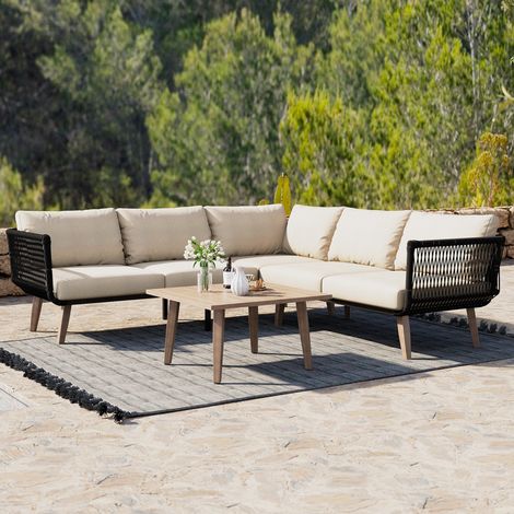 Salon de jardin, Ensemble canapé et table basse de terrasse, Structure acier galvanisé et corde tressée coussins oléfine plateau effet bois, Beige et Noir