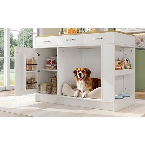 Îlot de cuisine avec 3 tiroirs, étagère réglable et espace pour animaux, 120 x 60 x 90 cm, blanc (1/5)