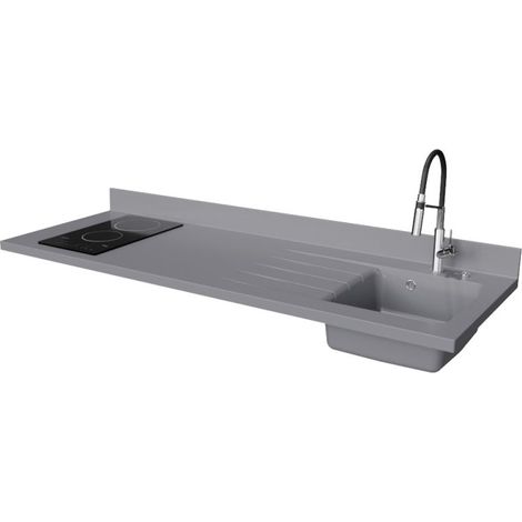 Plan de travail monobloc PlaniQuartz avec évier - 180 cm - Cromo - évier à droite - Plaque de cuisson Vitrocéramique