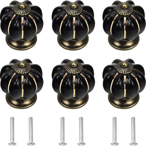 Poignée De Meuble - Céramique - Noir Avec Détails Dorés En Relief - Pour Armoire Tiroir Placard Cuisine Chambre Salle De Bain - Lot De 6