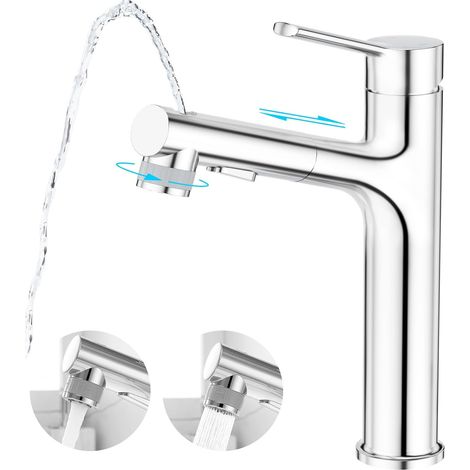 Robinet haut pour salle de bain - Mitigeur monocommande pour lavabo à poser avec 3 types de jet d'eau - Douchette extensible - Laiton chromé poli,G1/2 (1/5)