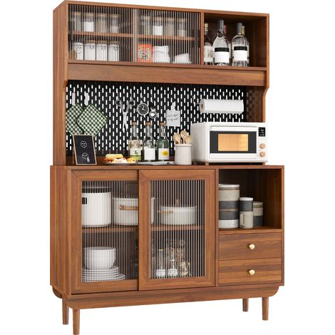 Buffet de Cuisine avec 4 Portes Coulissantes en Verre Strié, 2 Tiroirs et Étagères Ouvertes, MDF, Noyer, 117 x 30 x 170 cm (1/5)